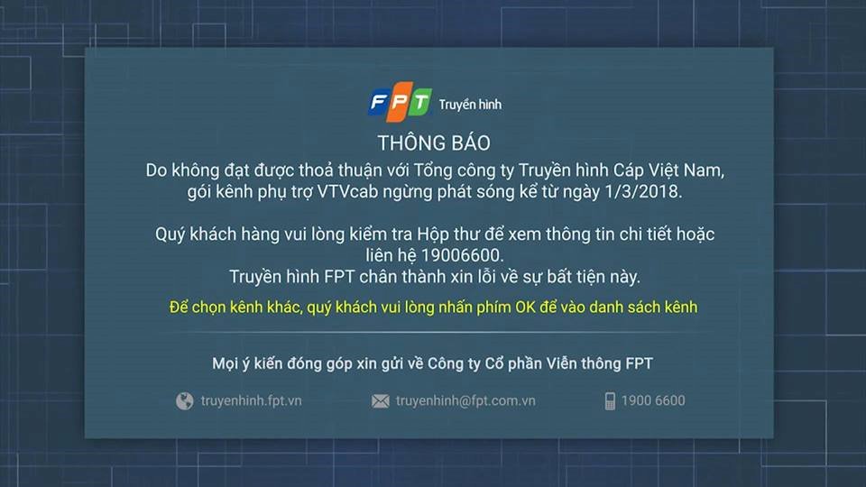 Truyền hình FPT ngừng cung cấp gói kênh VTVcab từ 1/3/2018