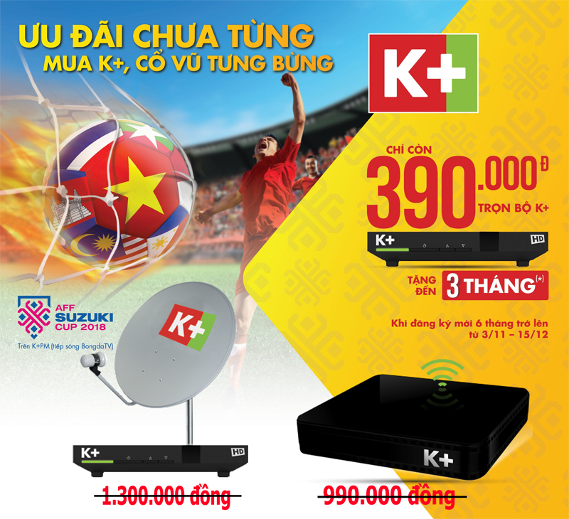 K+ khuyến mại trọn bộ thiết bị đầu thu DTH hoặc K+ TV Box chỉ còn 390.000 đ